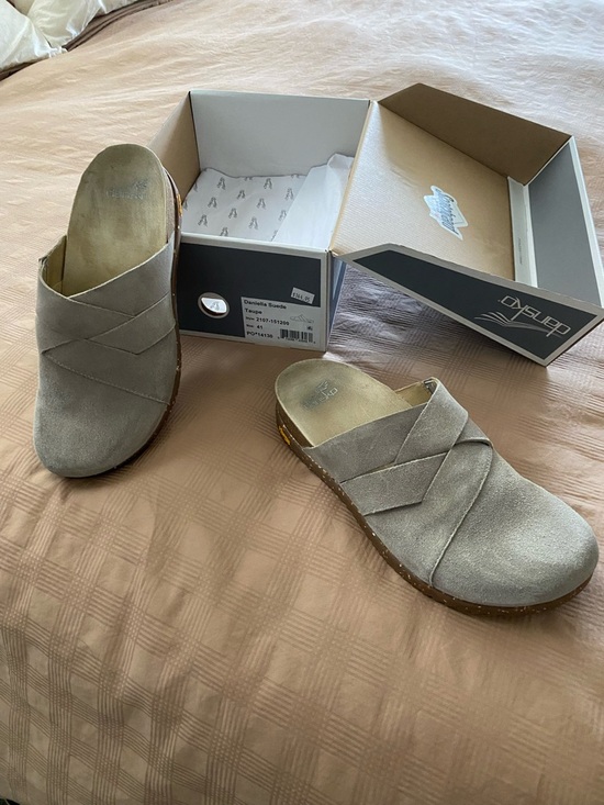 Dansko Taupe Suede Cross-Strap Slip-On Clog - Picture 2 of 6